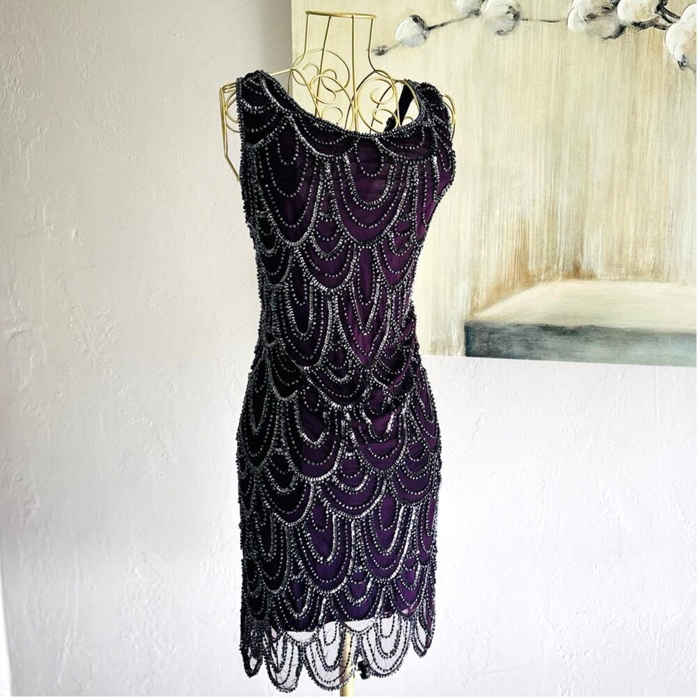 Preludes Size 12 Purple Beaded Sequin Art Deco Gatsby Cocktail Dress